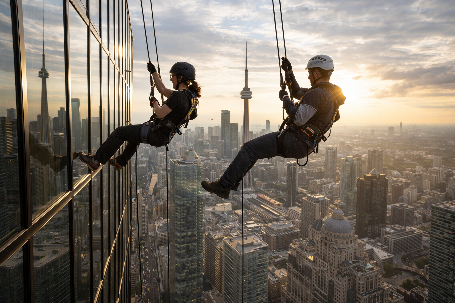 Rappelling down a building facade in the city